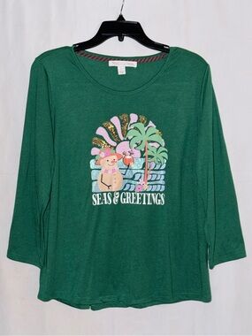 NWT Magical Season 'Seas & Greetings' Green Graphic Long Sleeve Tee Size Large